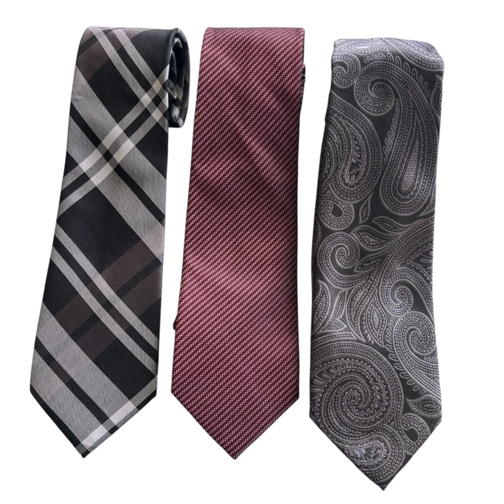 3 Banana Republic Factory Silk Ties Red Gray Plaid Stripes Paisley